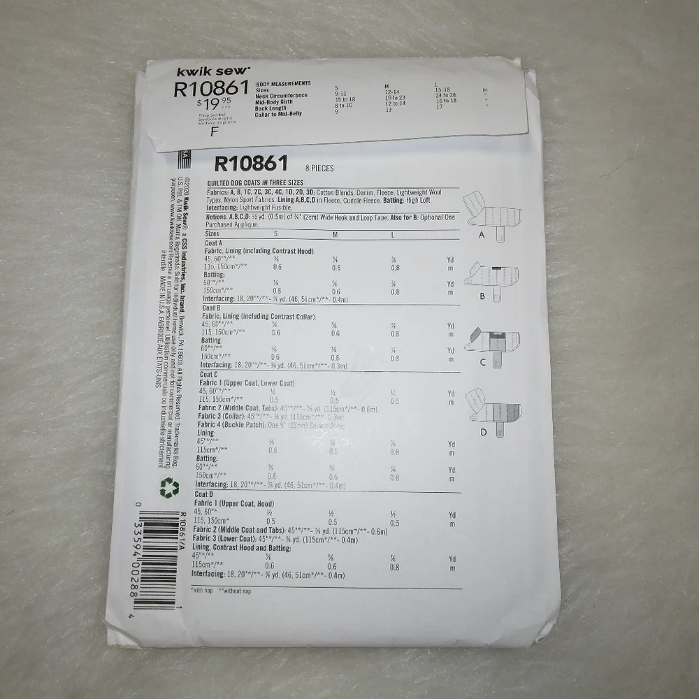 KWIK SEW R10861 Dog coats in 4 styles Size S-M-L